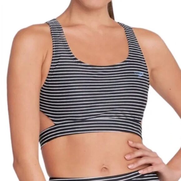 Speedo UPF 50+ Black & White Striped Endurance Lite Cutout Open-Back Bikini Top - Picture 1 of 9